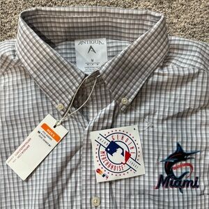 Miami Marlins Antigua Gray Casual Button Down Shirt